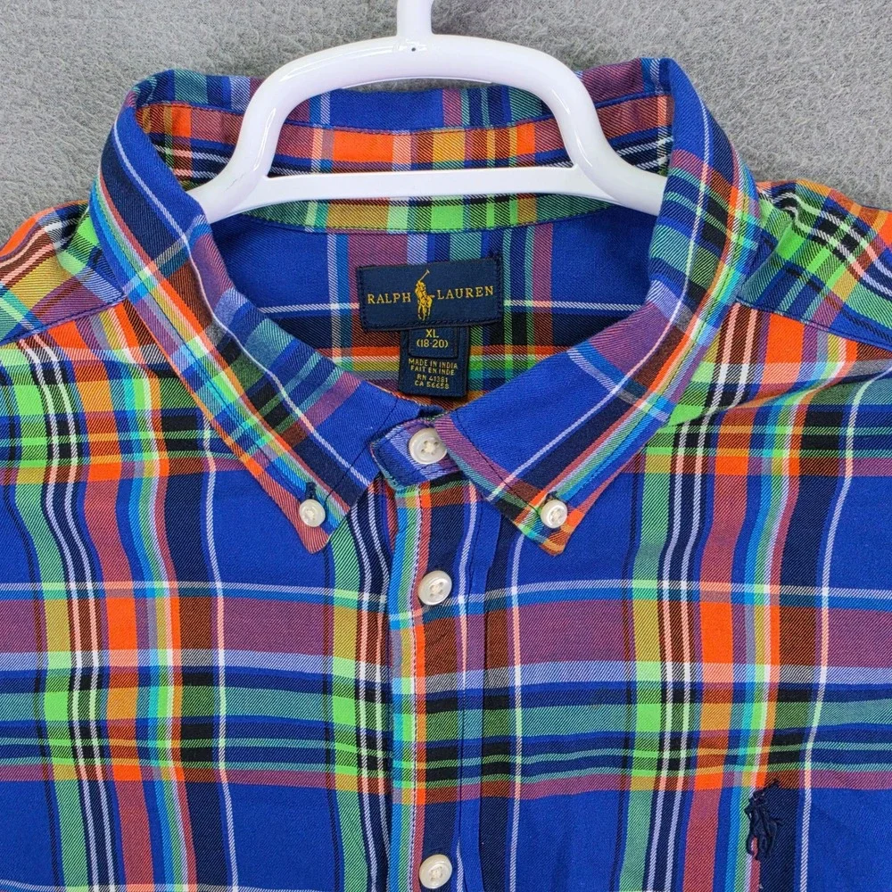 Ralph Lauren Shirt Madras Plaid Blue Orange Green XL Boys Cotton Button Down RL